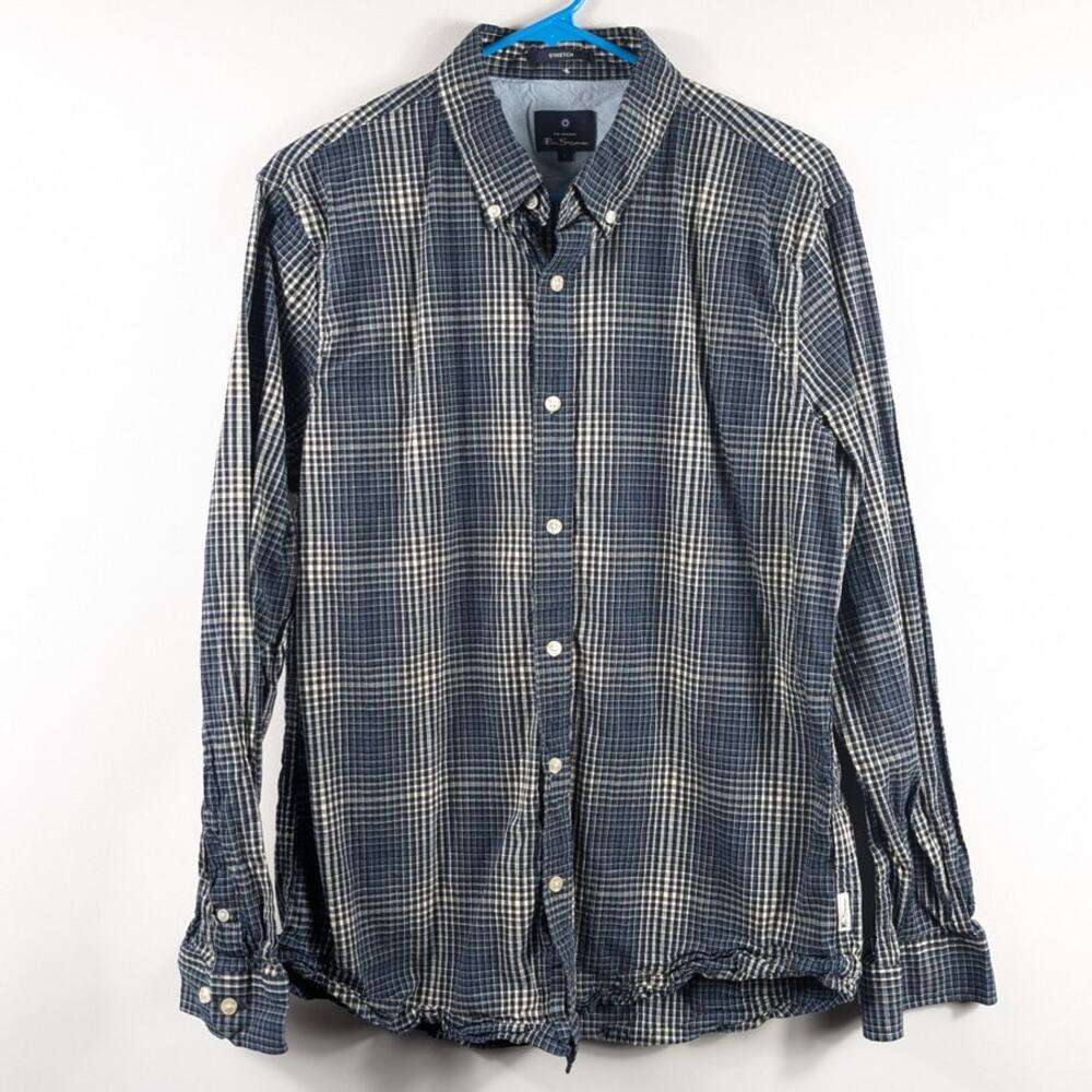 Ben Sherman Mens Large Stretch Plaid Button Down Shirt Blue 98% Cotton Spandex